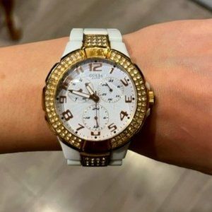 Guess White and Gold Crystal Bezel Watch
